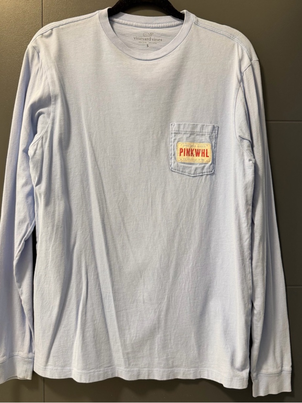 Vineyard Vines Light Blue Long Sleeve Pocket Tee with License Plate Whale